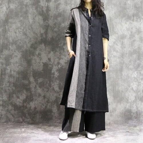 Women Loose Patchwork Linen Long Shirt+Wide Leg Pants Ladies Retro Womens Sets Female Linen Suits 2018