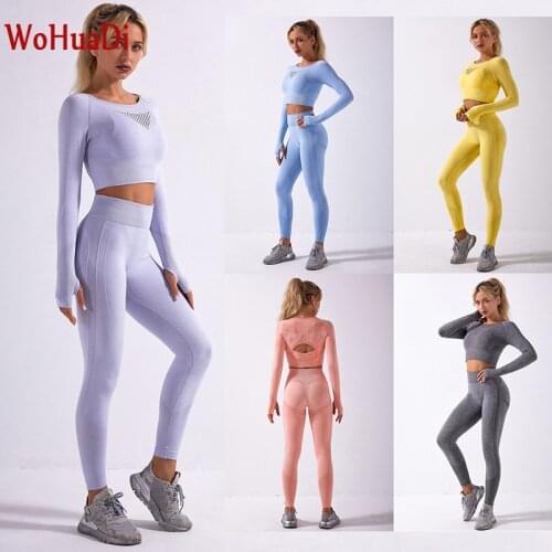WOHUADI Womens Clothing Sport Yoga Set Gym Workout Suit Fitness Knitting Long Sleeve Shirt + Tight Leggings Female Sportswear