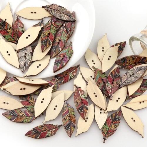 50pcs/Lots 15x42mm Painted Wooden Leaf Shape Buttons ChildrenS Clothing DIY For Sewing Clothing Crafts Handwork Accessories