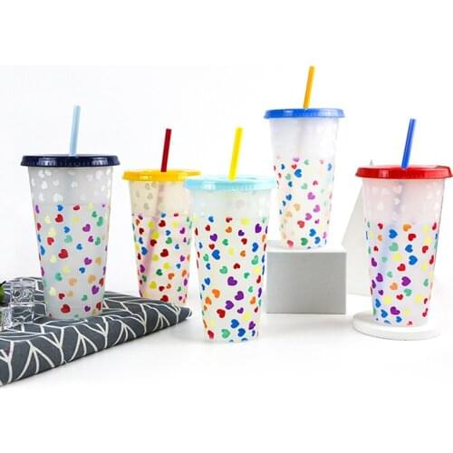 710ml Straw Cup With Lid Color Change Coffee Cup Plastic Tumbler Matte Finish Reusable Plastic Love Heart Shape Cup