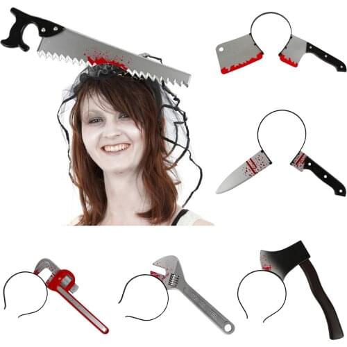 Besegad Halloween Plastic Bloody Horror Axe Saw Wrench Bayonet Knife Weapon Headband Costumes Props for April Fool Masquerade