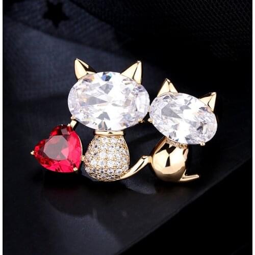 Lovely Couple Cat Brooches For Women Men Jewelry Accessories Red White Zircon Heart Animal Brooch Pins for Pet Lover Gift Broche
