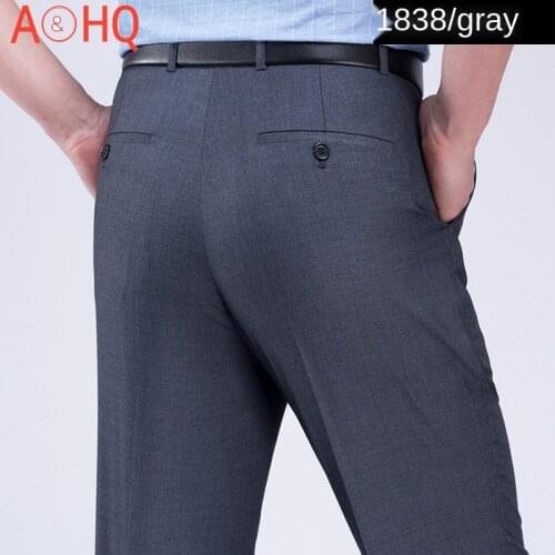 High Waist Mens Pants Flat Summer Thin Mulberry Silk Suit Pants Black Gray Loose Office Formal Trousers for man