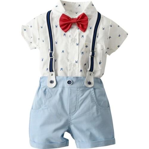 Kids Summer Clothing Baby Printed Clothes Children Short-sleeved Shirt + Sky Blue Pants Baby Sling 4PCS Infant Boy Clothes Set