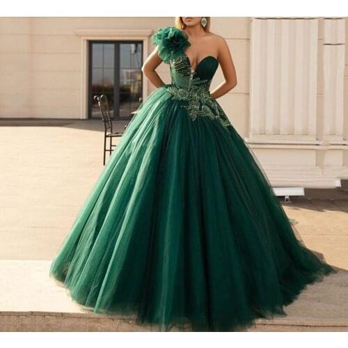 Emerlad Green Ball Gown Prom Dress 2021 One Shoulder Appliques Crystals Evening Formal Party Gowns robes de soirée