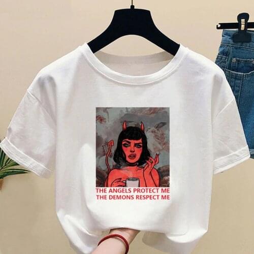 Summer Fashion Unisex Tshirt The Angels Protect Me,The Demons Respect Me Letter Print Women Tees Girl Power T Shirt Graphic top