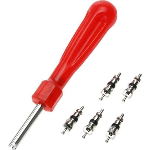 Valve Core Removal Tool Screw Driver Tire Repair Wrench with 5 Valve Cores