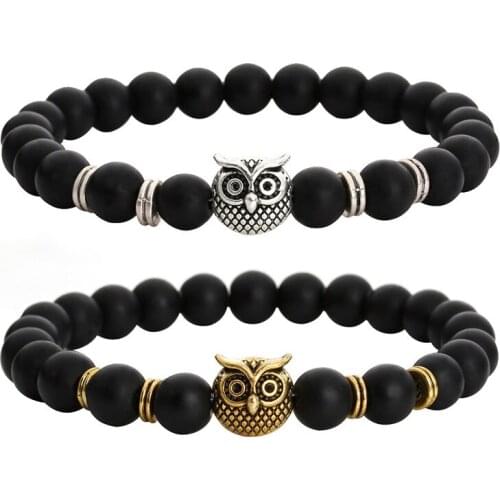 Classic Animal Owl Beads with Round Natural Stone Charm Mens Hand Bracelets Bangle Male Wholesale Antique Silver/Gold 1PC BR973