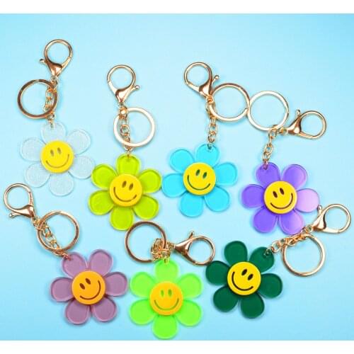 Korean Smile face Sunflower Transparent Key chain HexapetalWomen Cute Car Acrylic Glit Keyring Holder Charm Bag Couple Bag Gifts