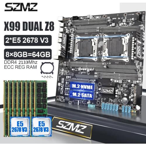SZMZ X99 Dual CPU Socket LGA 2011 v3 Motherboard Set With Xeon E5 2678 V3 + 8*8gb DDR4 2133MHZ ECC REG RAM kit placa base combo
