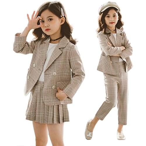 Fashion Wedding Flower Kids Suit for Girls Formal Pant Suits for Teen 2Pcs Blazer Set Plaid Children Blazer Jacket 4 5 7 9 11T