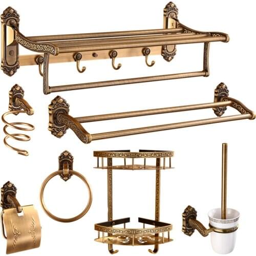 Bathroom Accessories Set Antique Carved Aluminum Foldable Towel Rack Corner Shelf Soap Dish Paper Holder Toilet Brush Holder