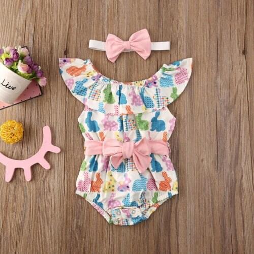 Easter Infant Kids Baby Girls Bodysuits Rabbit Print Ruffles Sleeve Elastic Waist Bowknot Jumpsuits Bodysuits Headband
