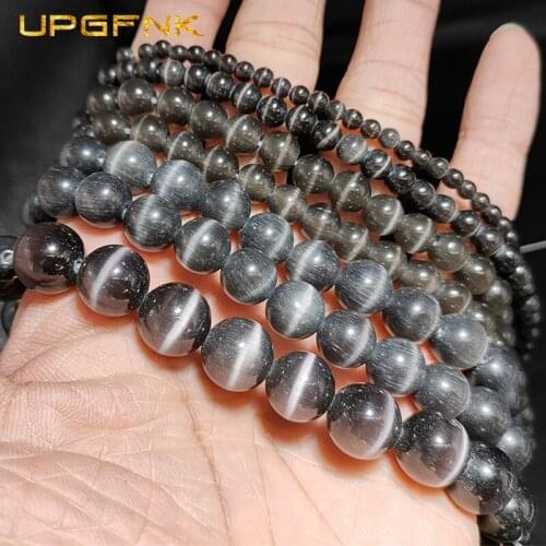 UPGFNK Dark grey Cat Eye Opal Round Natural Stone Spacer Loose beads for Jewelry making bracelet DIY Accessories 4/6/8/10/12MM