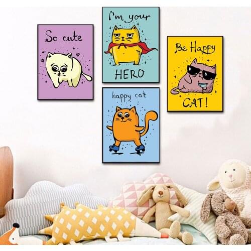 Funny Cartoon Animal Cat Poster and Print Be Happy Quote Wall Art Canvas Nursery Cute Picture Painting Kids Bedroom Decoration