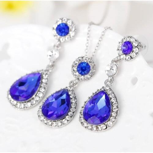 Women Fashion Rhinestones Inlaid Waterdrop Necklace Ring Earrings Jewelry Set wedding jewellery set bridal jewelry