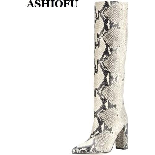 ASHIOFU New Handmade Chunky Heel Ladies Boots Faux-leather Party Prom Knee High Boots Sexy Evening Club Fashion Boots Shoes