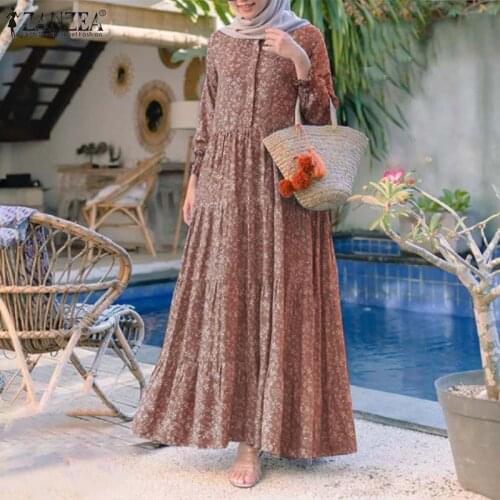 Womens Muslim Dress ZANZEA Retro Floral Print Abaya Fashion Rayon Long Vestidos Casual Loose Ruffle Dresses Sarafans