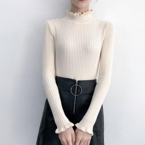 Winter Slim Solid Womans Knit Sweaters Basic Ruched Long Sleeve Ladies Jumpers High Elastic Female Ruffles Turtleneck Pullovers