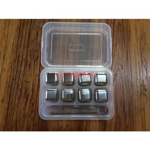 1set/lot Free Shipping Stainless Steel Whisky Stones Ice Cubes Glacier Cooler Stone Whiskey Rocks 8pc ice cube +1pcs clip
