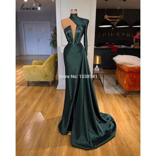 2020 New Fashion Green Evening Dresses Long Muslim One Shoulder Celebrity Dresses Crystals Prom Dresses Party Vestidos De Noite