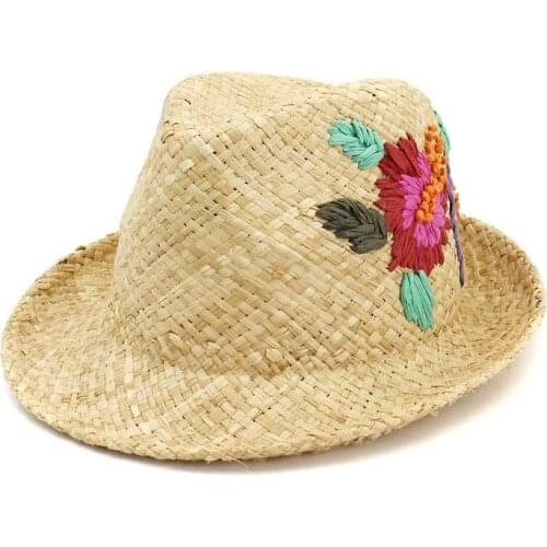 202103-2508410 new summer handmade raffia grass flower leaf embroidery lady fedoras cap women leisure panama jazz hat