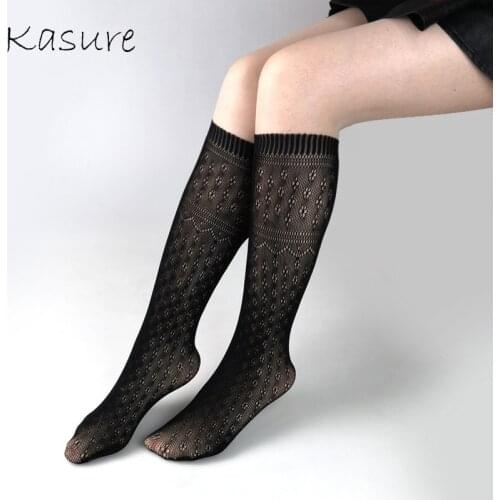 KASURE Hollow Out Transparent Sexy Cute Stockings Women Ladies Crochet Kneww High Mesh Thin Fishnet Cotton Kawaii