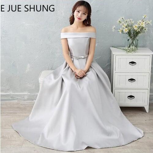 E JUE SHUNG Silver Off The Shoulder Cheap Evening Dresses Long 2018 Blue Pink Prom Dresses Long Party Dresses robe longue