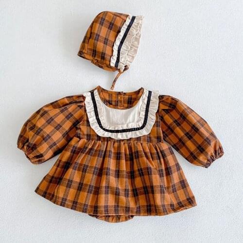 Korean Style Baby Clothes Newborn Baby Girls lattice Cotton Long Sleeve Jumpsuit+Hat Spring Autumn Toddler Baby Girl Romper