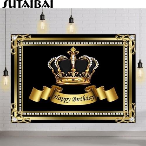 Royal Boy Happy Birthday Backdrop Black Crown Glitter Diamonds Decoration Baby Prince Birthday Party Cake Table Decor Background