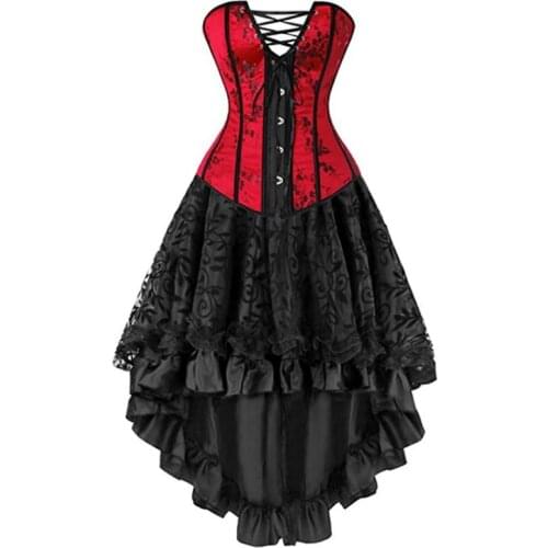 Sexy Floral Lace Up Overbust Corselet Plus Size Burlesque Corset Bustier and Irregular Skirt Set Gothic Corset Dress for Women