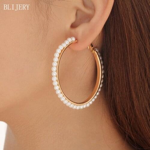 BLIJERY Fashion Gold Color Pearl Beaded Hoop Earrings for Women Punk Jewelry Statement Big Circle Earrings Boucles d'oreilles