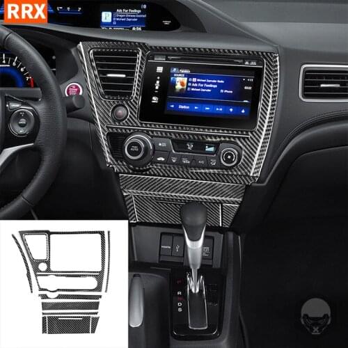 For Honda Civic 9 Coupe Sedan 2013-2015 Carbon Fiber Stickers Central Instrument Panel Seat Heating Button Frame Car Accessories