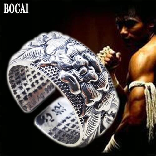 2020 new real s999 pure Silver Heart Sutra Ring For Men And Women Thai Silver National Style Linden Peony Wide Face Silver Rings