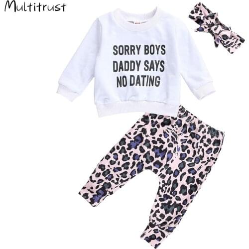 Newborn Toddler Girls Outfits Long Sleeve Letter Printed Shirt Top + Leopard Long Pant and Headband 3pcs Clothes Sets