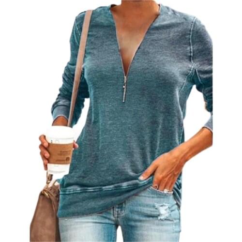 Autumn Solid Color Zipper V-Neck Cotton Polyester T-shirt Women Casual Long Sleeves Top Lady Street Plus-Size Blue Green Tees