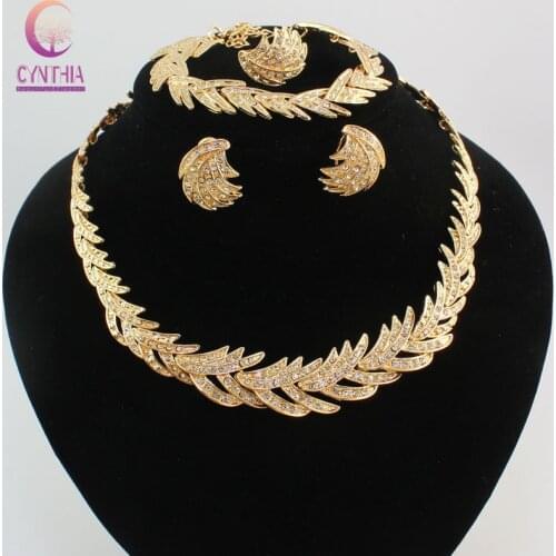 Good Quality Luxury Leaf Gold Crystal Necklace Earring Ring Bracelet Jewelry Sets African Fashion Women Party Set golden