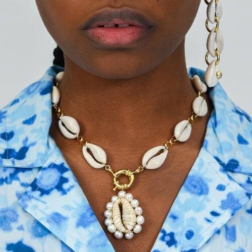 Bohemian natural sea shell summer chunky freshwater pearl chokers women necklace fashion jewelry gothic collares largos mujer