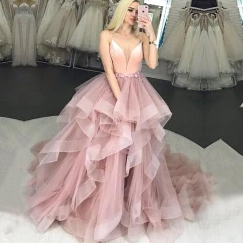 Blush Pink Prom Dress 2020 Spaghetti Strap Flowers Tulle Ruffles Custom Made Evening Gown Girl Party Dress for Graduation