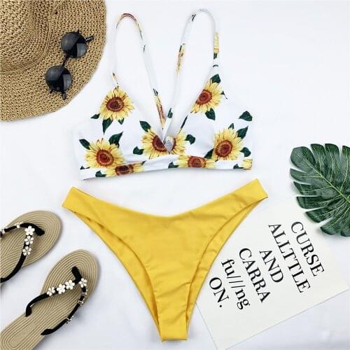 Sexy Brazilian Bikini Women Sunflower Print Swimwear Push Up Swimsuit Brazilian Biquini Bandage Bikinis Pad Bathing Suit Mujer