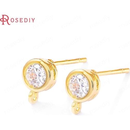39182)6PCS 5x7MM 24K Gold Color Brass and Zircon Round Shape Stud Earrings Pins Jewelry Making Supplies Diy Accessories