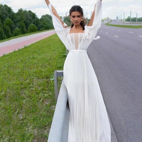 Eightree Long Sleeves Beach Boho Wedding Dresses Chiffon Boat Neck Bride Dress Backless Lace Wedding Gowns Vestido de noiva