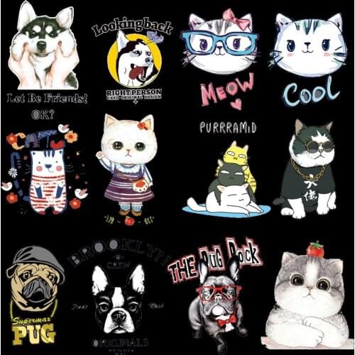 Cute cartoon Iron On Transfer dogs cat Bulldog Pathes heat print On T-shirt dresses denim bags A-level washable stickers