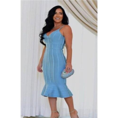Hot sexy women dresses midi party dresses 2018 new sky blue bandage bodycon fluted dress vestidos wholesale