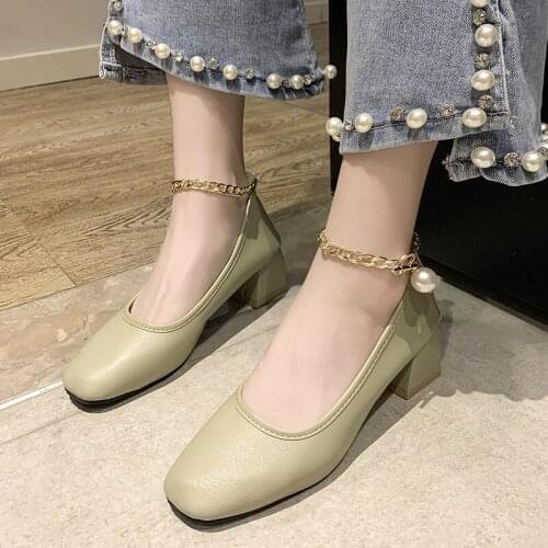 2021 Fashion Solid Premium Leather Women Loafers Shoes Square Heel Round Toe Woman Pumps Casual Ladies Shoes Summer High Heels