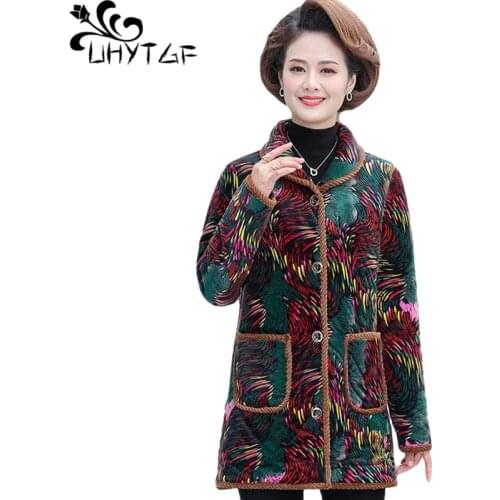 UHYTGF Thicken Plus Velvet Winter Cotton Jacket Women Fashion Print Casual Warm Coat Parker Female Loose Large Size Outwear 1227