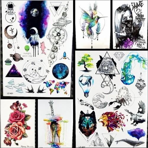 Wow! Spaceman Temporary Tattoo Geometry Watercolor Astronaut Flash Tattoo Sticker Women Men Body Art Arm Planets Tatoo GLZ-401