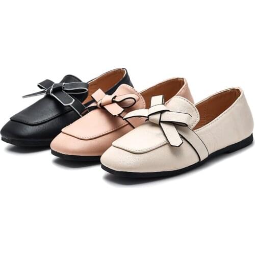 Spring New Childrens Girls Leather Shoes Princess Shoes British Style Casual Butterfly-knot Soft Bottom Girls Moccasin Loafer