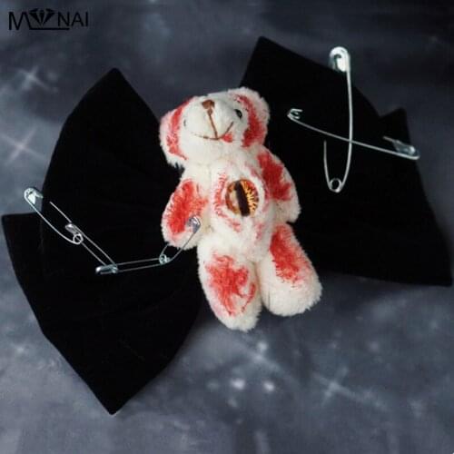Lolita Hair Clips Handmade Bloody Bear Cool Pins Suede Bow Hairpins For Girl Cosplay Hair Accessories Carnival Party