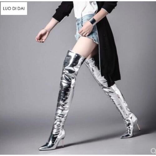 2019 autumn new women thigh high boots mirror leather over knee high booties sliver leather mujer botas party shoes zip up boots